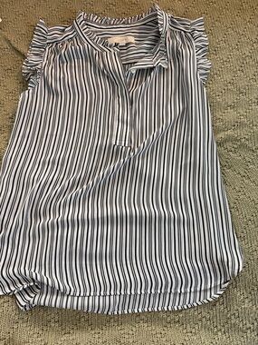 LOFT White and grey Vertical Stripe Ruffle Cap-Sleeve Top